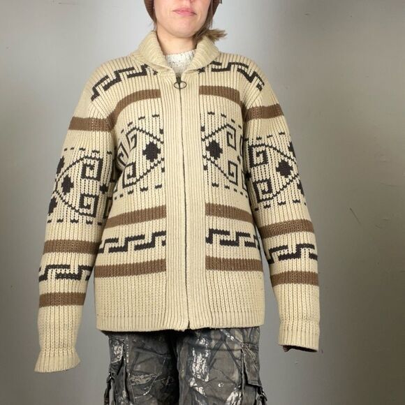 Pendleton Westerly Long Cardigan in Tan Brown Wool Zip Sweater M - Picture 3 of 6